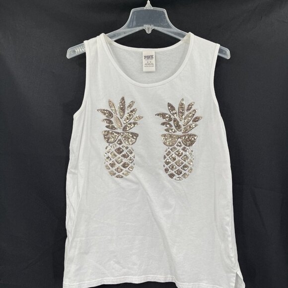 Victoria's Secret Tops - Victoria's Secret Pink Tank Top White Cotton Sequin Bling Pineapple Size Medium